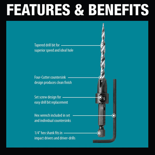 Makita A-99661 3-Piece Countersink with Drill Bit Set