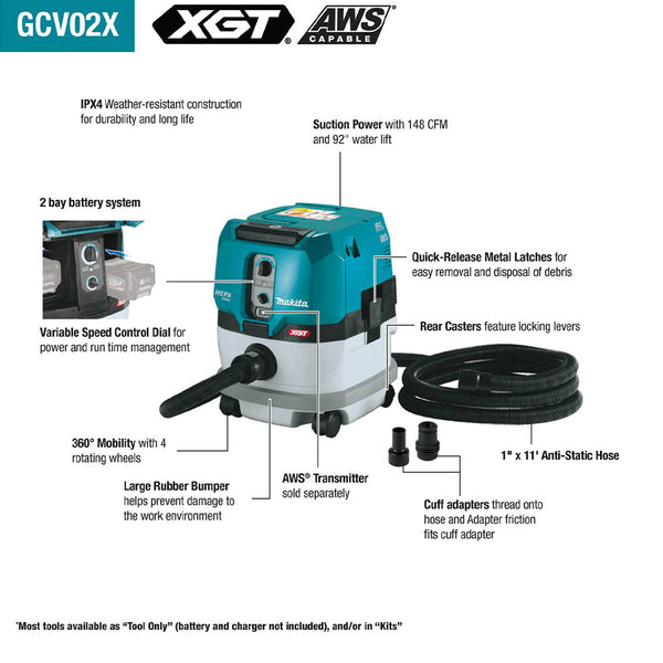 Makita GCV02PMX 40V max XGT Cordless 2.1 Gal. HEPA Dust Extractor Kit, AWS Capable (4.0Ah)