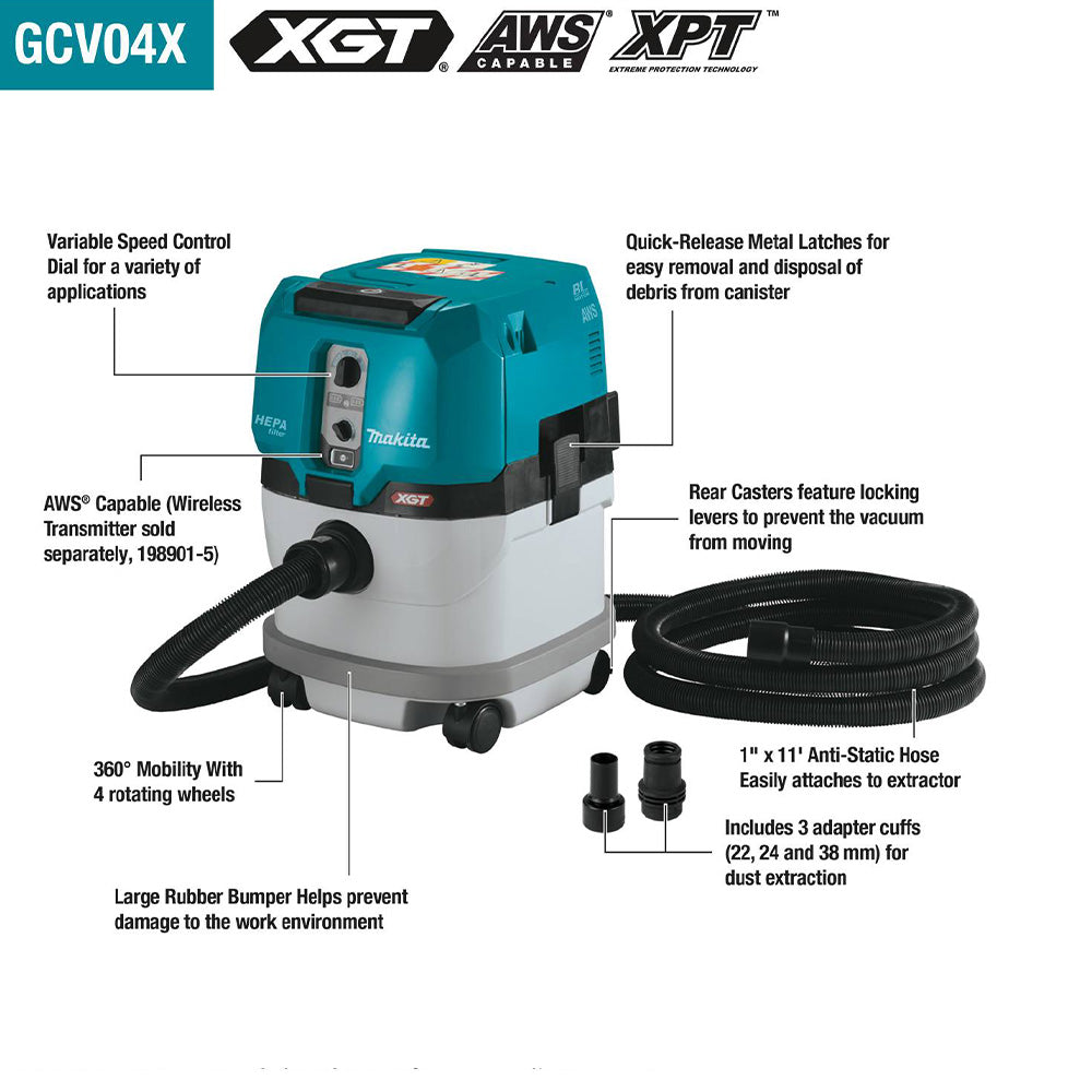 Makita GCV04PMX 40V max XGT Cordless 4 Gal. HEPA Dust Extractor Kit, AWS Capable (4.0Ah)