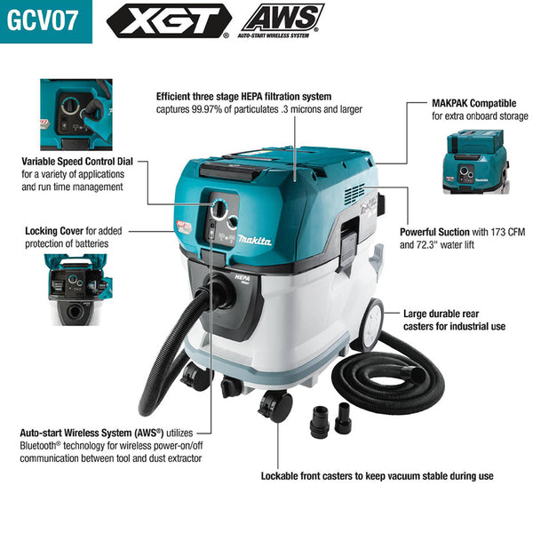 Makita GCV07PMU 80V max XGT Cordless 10 Gal. HEPA Dust Extractor Kit, AWS (4.0Ah)